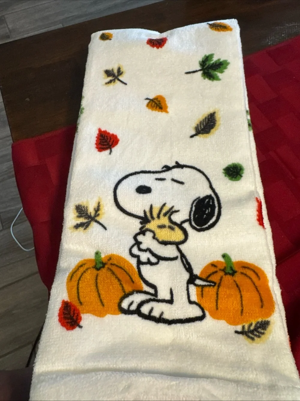 Peanuts Snoopy & Woodstock Fall Towel in White, Orange, Green, Red
